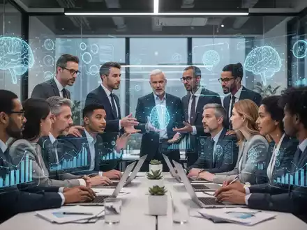 Geschäftsleute lernen und diskutieren in einem modernen Büro, umgeben von Bildschirmen mit KI-Daten und Konzepten. - Foto: über boerse-global.de