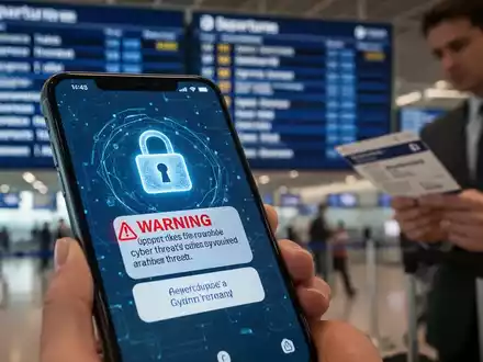 Smartphone screen showing a cybersecurity warning, with a blurred airport departure board and a boarding pass in the background, symbolizing travel risks. - Foto: über boerse-global.de