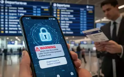 Smartphone screen showing a cybersecurity warning, with a blurred airport departure board and a boarding pass in the background, symbolizing travel risks. - Foto: über boerse-global.de