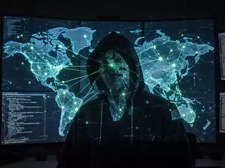 A figure in a hoodie silhouetted against a glowing global digital network map, representing international law enforcement disrupting malware. - Foto: über boerse-global.de