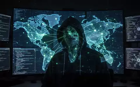 A figure in a hoodie silhouetted against a glowing global digital network map, representing international law enforcement disrupting malware. - Foto: über boerse-global.de