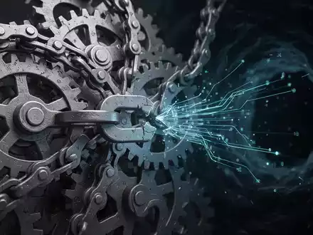 Intertwined digital gears and chains with a broken link, representing a supply chain attack. Data streams flow from the break. - Foto: über boerse-global.de