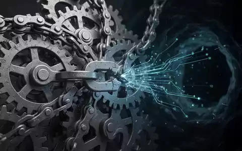 Intertwined digital gears and chains with a broken link, representing a supply chain attack. Data streams flow from the break. - Foto: über boerse-global.de