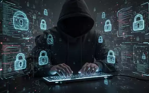 A shadowy figure in a hoodie typing on a keyboard, surrounded by glowing data streams and digital lock icons. - Foto: über boerse-global.de