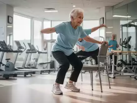 Eine ältere Person führt eine Übung aus, die das Aufstehen von einem Stuhl simuliert, in einem modernen Fitnessstudio. - Foto: über boerse-global.de