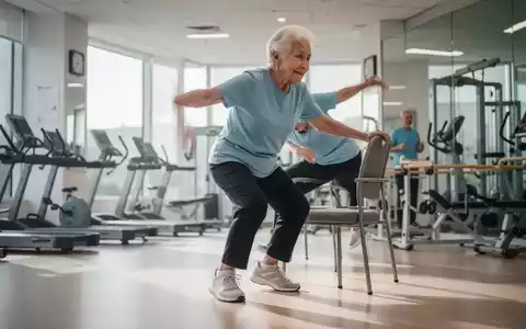 Eine ältere Person führt eine Übung aus, die das Aufstehen von einem Stuhl simuliert, in einem modernen Fitnessstudio. - Foto: über boerse-global.de
