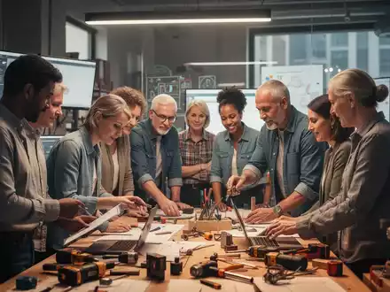 Eine vielfältige Gruppe von Erwachsenen lernt gemeinsam in einem modernen Büro oder einer Werkstatt, einige schauen auf Bildschirme oder nutzen Werkzeuge. - Foto: über boerse-global.de