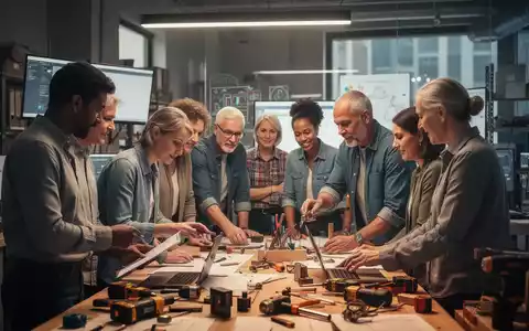 Eine vielfältige Gruppe von Erwachsenen lernt gemeinsam in einem modernen Büro oder einer Werkstatt, einige schauen auf Bildschirme oder nutzen Werkzeuge. - Foto: über boerse-global.de