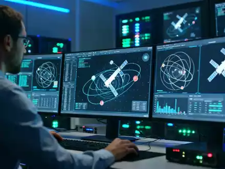 Ein Netzwerktechniker überwacht Bildschirme mit Datenvisualisierungen von Satellitenbahnen und Kommunikationssignalen in einem modernen Raum. - Foto: über boerse-global.de