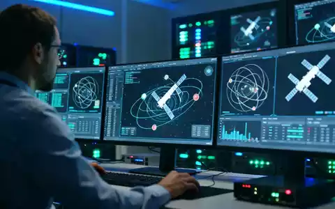 Ein Netzwerktechniker überwacht Bildschirme mit Datenvisualisierungen von Satellitenbahnen und Kommunikationssignalen in einem modernen Raum. - Foto: über boerse-global.de