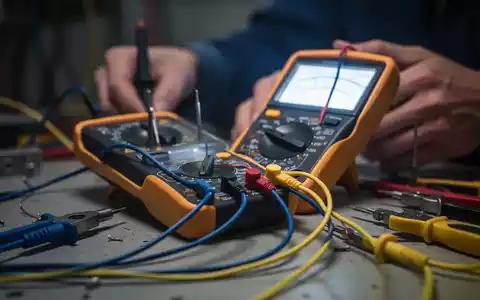 Nahaufnahme eines Multimeters, das elektrische Kabel testet, mit unscharfen Händen im Hintergrund. Fokus auf Präzision und Sicherheit. - Foto: über boerse-global.de