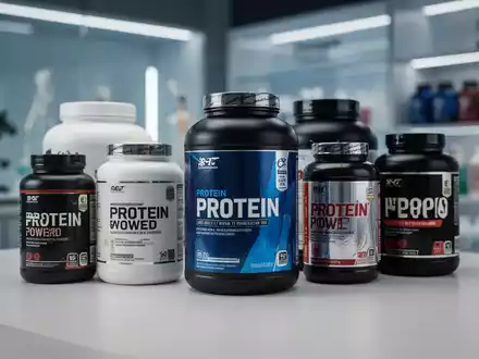 Nahaufnahme von Proteinpulvern und Nahrungsergänzungsmitteln in Behältern auf einer sauberen Oberfläche, mit verschwommenem Hintergrund. - Foto: über boerse-global.de