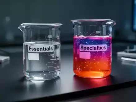 Zwei beleuchtete Glasbecher auf einem Labortisch, einer mit 'Essentials', der andere mit 'Specialties' beschriftet. - Foto: über boerse-global.de
