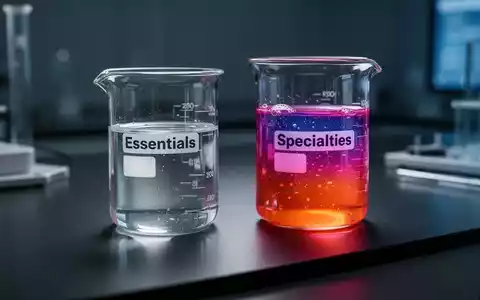 Zwei beleuchtete Glasbecher auf einem Labortisch, einer mit 'Essentials', der andere mit 'Specialties' beschriftet. - Foto: über boerse-global.de