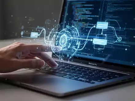 A hand typing on a MacBook Pro keyboard with a translucent, glowing digital interface overlay, symbolizing AI workflow automation. - Foto: über boerse-global.de