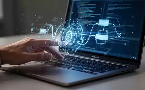 A hand typing on a MacBook Pro keyboard with a translucent, glowing digital interface overlay, symbolizing AI workflow automation. - Foto: über boerse-global.de