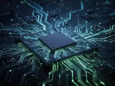 Nahaufnahme eines stilisierten Mikrochips mit leuchtenden Schaltkreisen vor einem dunklen, technologisch anmutenden Hintergrund. - Foto: über boerse-global.de