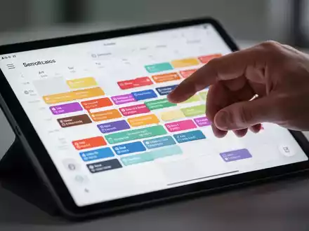 Eine Hand interagiert mit einer digitalen Kalenderschnittstelle auf einem Tablet, die eine breite Palette von Farboptionen zeigt. - Foto: über boerse-global.de