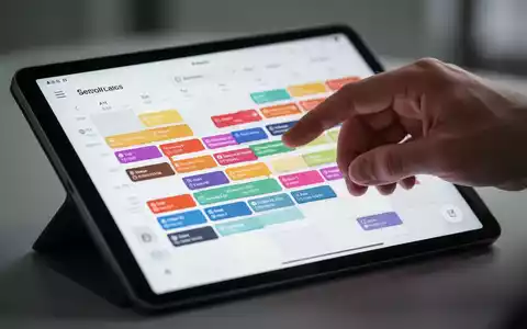 Eine Hand interagiert mit einer digitalen Kalenderschnittstelle auf einem Tablet, die eine breite Palette von Farboptionen zeigt. - Foto: über boerse-global.de