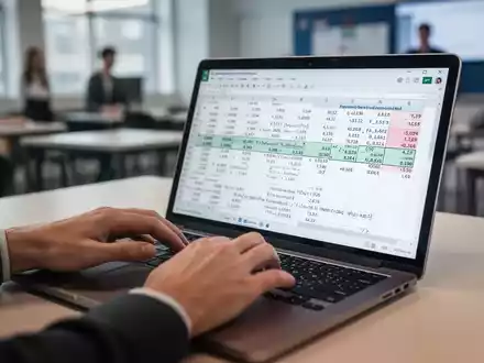 Close-up of hands typing on a laptop keyboard, displaying a spreadsheet with data and formulas. Background is a blurred office. - Foto: über boerse-global.de