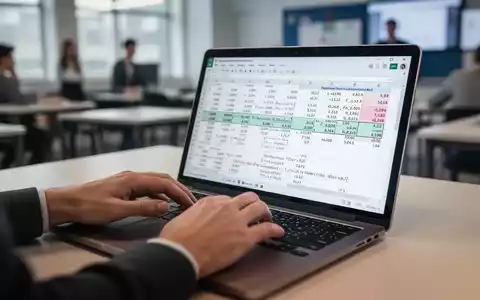 Close-up of hands typing on a laptop keyboard, displaying a spreadsheet with data and formulas. Background is a blurred office. - Foto: über boerse-global.de