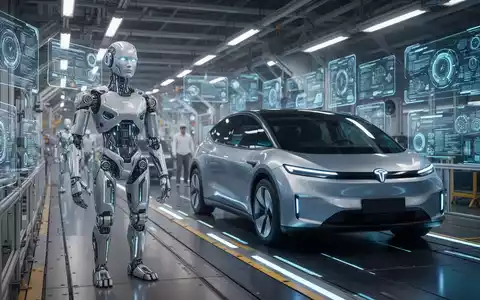 A sleek, silver humanoid robot stands next to a futuristic autonomous electric vehicle on a brightly lit, high-tech factory floor. - Foto: über boerse-global.de