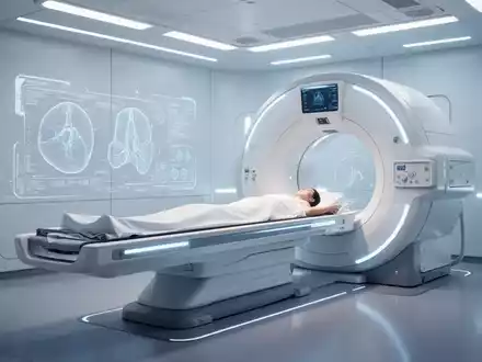 A futuristic full-body ultrasound scanner in a clean, high-tech medical imaging room, illuminated by soft blue and white light. - Foto: über boerse-global.de