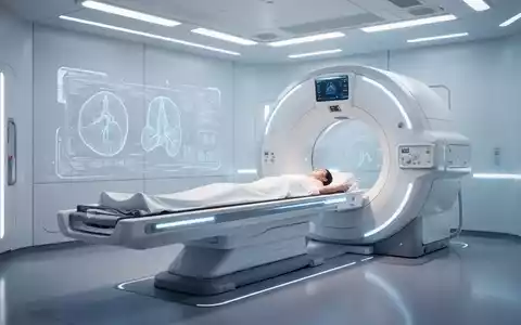 A futuristic full-body ultrasound scanner in a clean, high-tech medical imaging room, illuminated by soft blue and white light. - Foto: über boerse-global.de