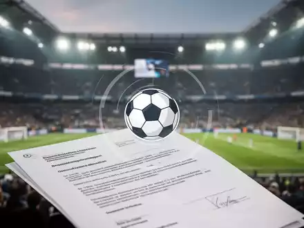 Ein verschwommener Fußballstadionhintergrund mit einem scharfen, professionellen juristischen Dokument und einem Fußballsymbol im Vordergrund. - Foto: über boerse-global.de