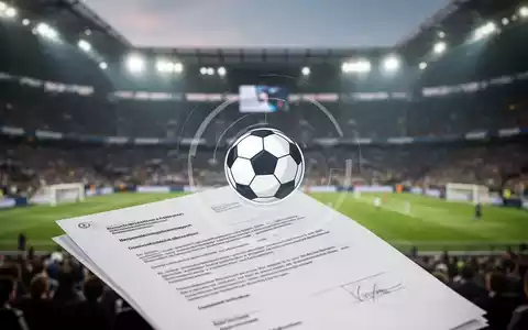 Ein verschwommener Fußballstadionhintergrund mit einem scharfen, professionellen juristischen Dokument und einem Fußballsymbol im Vordergrund. - Foto: über boerse-global.de