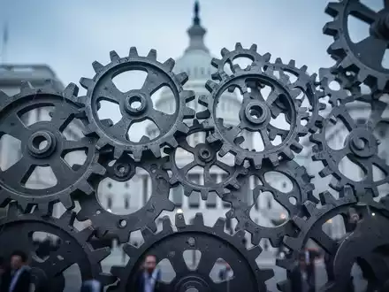 Abstrakte Darstellung von Zahnrädern, einige leicht versetzt, vor unscharfen Regierungsgebäuden, symbolisiert politische Verhandlungen und Uneinigkeit. - Foto: über boerse-global.de