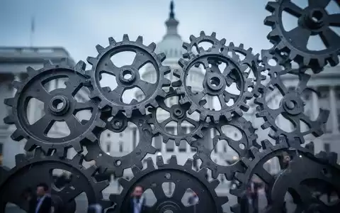 Abstrakte Darstellung von Zahnrädern, einige leicht versetzt, vor unscharfen Regierungsgebäuden, symbolisiert politische Verhandlungen und Uneinigkeit. - Foto: über boerse-global.de