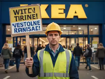 Ein streikender Mitarbeiter hält ein Streikschild vor einem IKEA-Eingang, mit verschwommenen Kunden im Hintergrund. - Foto: über boerse-global.de