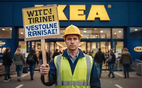 Ein streikender Mitarbeiter hält ein Streikschild vor einem IKEA-Eingang, mit verschwommenen Kunden im Hintergrund. - Foto: über boerse-global.de