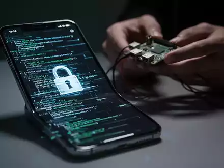Nahaufnahme eines Smartphones mit Störung auf dem Bildschirm und Händen, die ein kleines elektronisches Gerät anschließen. - Foto: über boerse-global.de