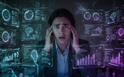 Eine überforderte Person, umgeben von digitalen Schnittstellen und Datenströmen, die die Belastung durch KI am Arbeitsplatz symbolisieren. - Foto: über boerse-global.de
