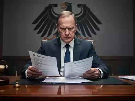 Eine Hand blättert in einem offiziellen Dokument, auf einem Tisch sind weitere Papiere und eine stilisierte Adlerfigur. - Foto: über boerse-global.de