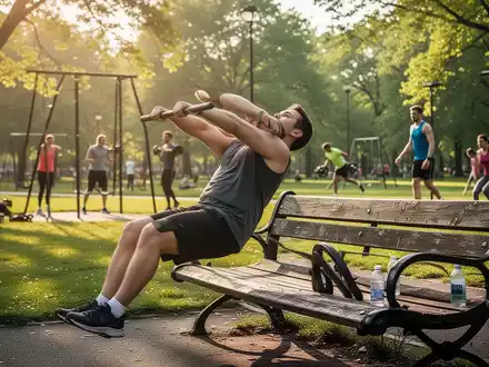 Eine Person macht Dips auf einer Parkbank in einem sonnigen Park, im Hintergrund trainieren andere Menschen. - Foto: über boerse-global.de
