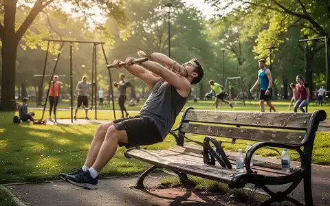 Eine Person macht Dips auf einer Parkbank in einem sonnigen Park, im Hintergrund trainieren andere Menschen. - Foto: über boerse-global.de