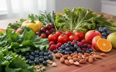 Eine Nahaufnahme von frischem Obst und Gemüse, darunter grüne Blätter, Beeren und Nüsse, auf einem Holztisch. - Foto: über boerse-global.de