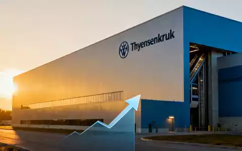 Eine moderne Industrieanlage von Thyssenkrupp bei Sonnenuntergang, die einen großen kanadischen Auftrag symbolisiert. Ein subtiler Infografik-Pfeil steigt im Vordergrund auf. - Foto: über boerse-global.de