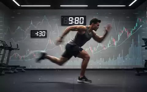 Eine Person trainiert intensiv in einem modernen Fitnessstudio, im Hintergrund ist eine Uhr mit kurzer Trainingszeit und Finanzdaten zu sehen. - Foto: über boerse-global.de