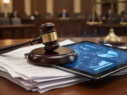 Ein Richterhammer ruht auf Rechtsdokumenten, daneben ein Tablet mit Datenvisualisierungen in einem Gerichtssaal. - Foto: über boerse-global.de