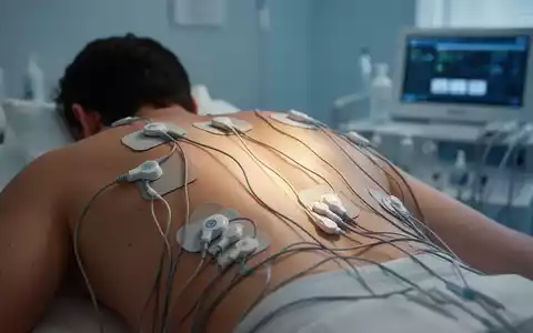 Nahaufnahme des Rückens eines Patienten mit Elektroden für die TENS-Therapie in einer modernen medizinischen Umgebung. - Foto: über boerse-global.de