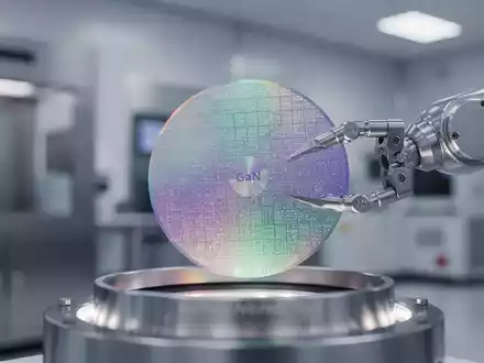 Ein Roboterarm platziert vorsichtig einen schillernden Galliumnitrid (GaN)-Wafer in einer High-Tech-Abscheidungskammer. - Foto: über boerse-global.de