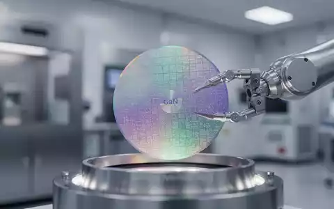 Ein Roboterarm platziert vorsichtig einen schillernden Galliumnitrid (GaN)-Wafer in einer High-Tech-Abscheidungskammer. - Foto: über boerse-global.de