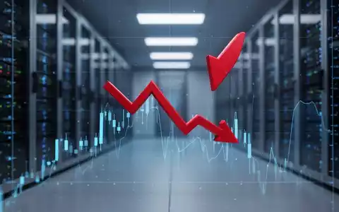 Ein stilisierter roter Abwärtspfeil durchbricht einen digitalen Aktienchart, der einen starken Rückgang zeigt, vor einem verschwommenen Rechenzentrumshintergrund. - Foto: über boerse-global.de
