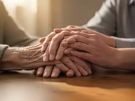 Hände einer älteren Person werden sanft von den Händen einer jüngeren Person gehalten, symbolisch für Demenzfälle und Pflege. - Foto: über boerse-global.de