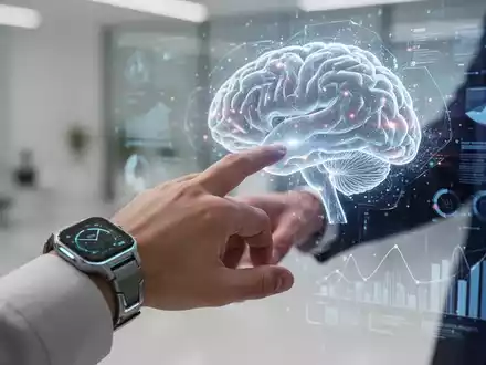 Eine Hand mit einer futuristischen Smartwatch berührt eine holografische Oberfläche mit leuchtenden Gehirnmustern und Datenvisualisierungen. - Foto: über boerse-global.de