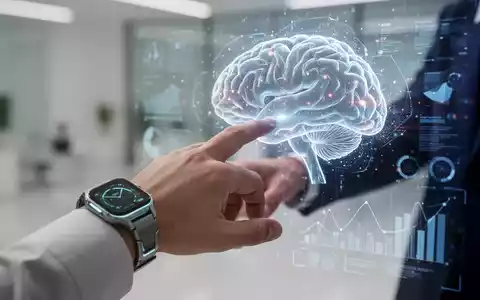 Eine Hand mit einer futuristischen Smartwatch berührt eine holografische Oberfläche mit leuchtenden Gehirnmustern und Datenvisualisierungen. - Foto: über boerse-global.de